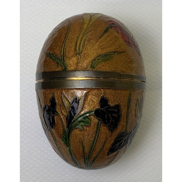 Vintage Brass Enamel Egg Cloisonne Trinket Box With Stand Hummingbird Flowers - Picture 13 of 16